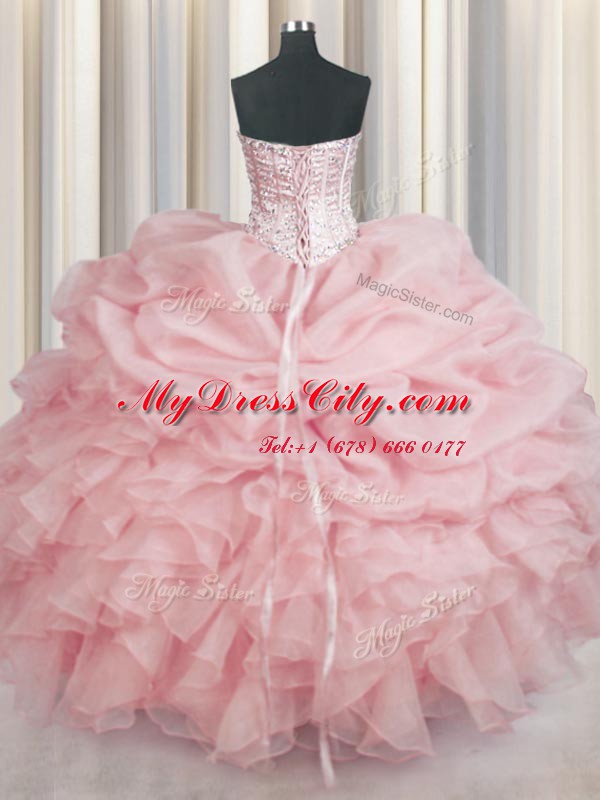 Baby Pink Organza Lace Up Sweetheart Sleeveless Floor Length Ball Gown Prom Dress Beading and Ruffles