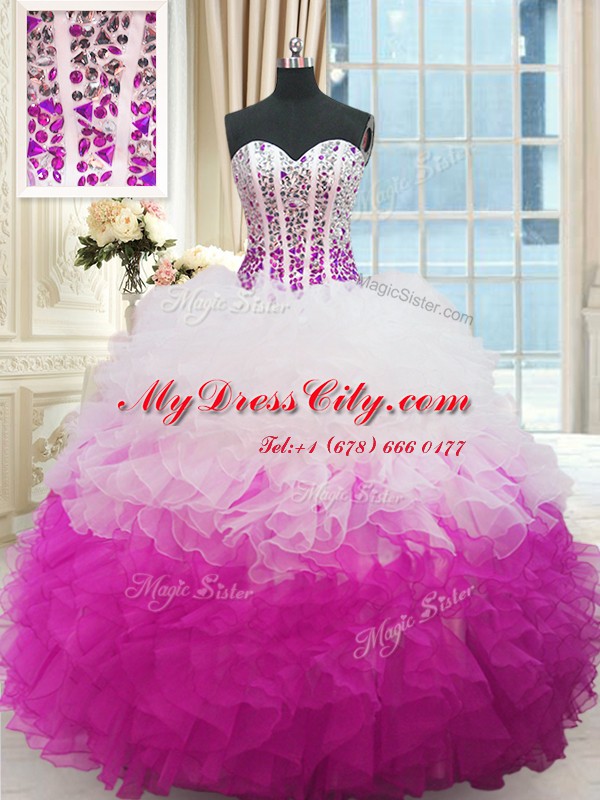 Sleeveless Organza Floor Length Lace Up 15th Birthday Dress in Multi-color with Beading and Ruffles