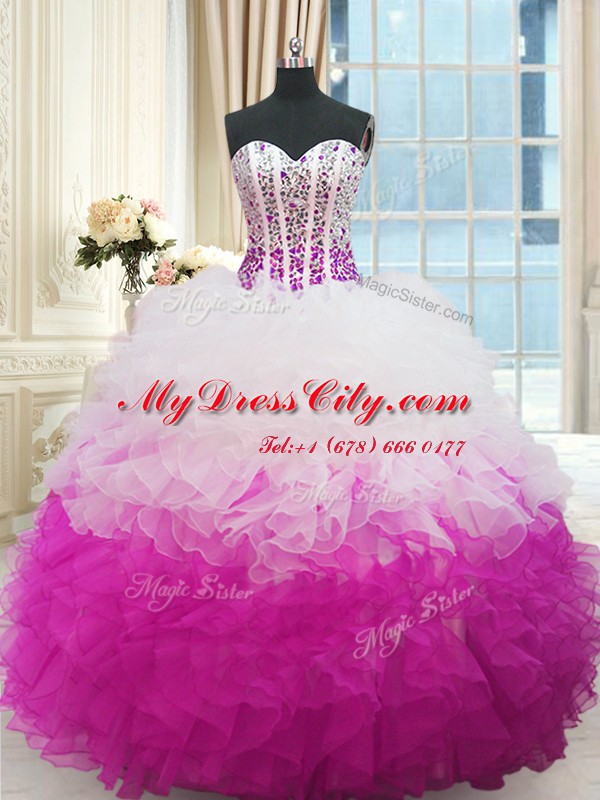 Sleeveless Organza Floor Length Lace Up 15th Birthday Dress in Multi-color with Beading and Ruffles