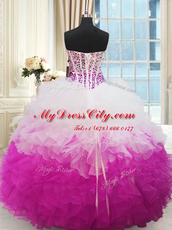 Sleeveless Organza Floor Length Lace Up 15th Birthday Dress in Multi-color with Beading and Ruffles