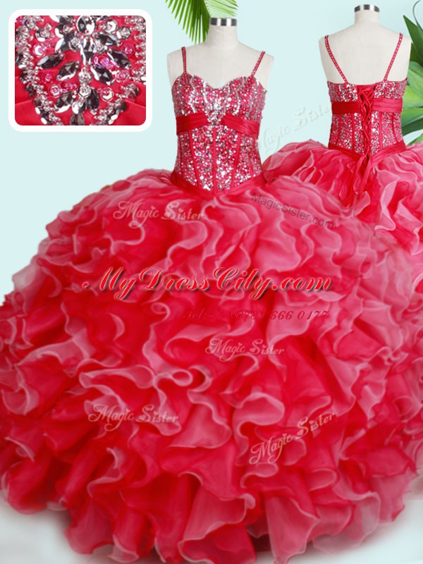 Classical Red Sleeveless Beading and Ruffles Floor Length Quince Ball Gowns