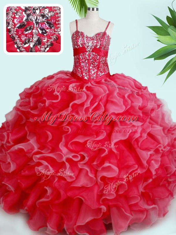 Classical Red Sleeveless Beading and Ruffles Floor Length Quince Ball Gowns