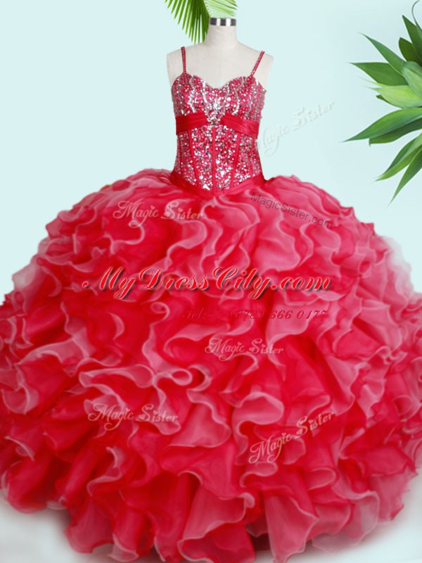 Classical Red Sleeveless Beading and Ruffles Floor Length Quince Ball Gowns