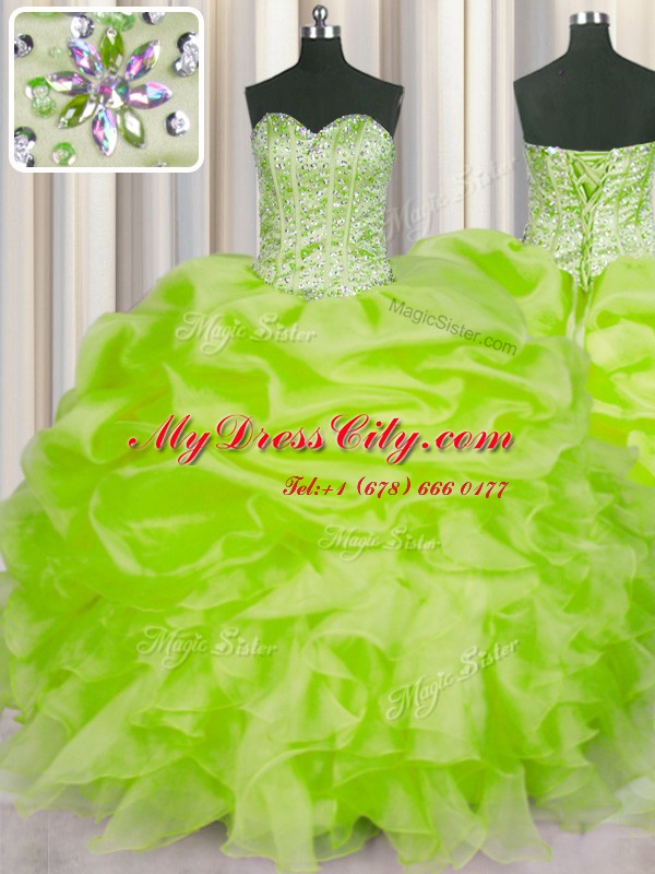 Modest Yellow Green 15th Birthday Dress Military Ball and Sweet 16 and Quinceanera and For with Beading and Ruffles and Pick Ups Sweetheart Sleeveless Lace Up