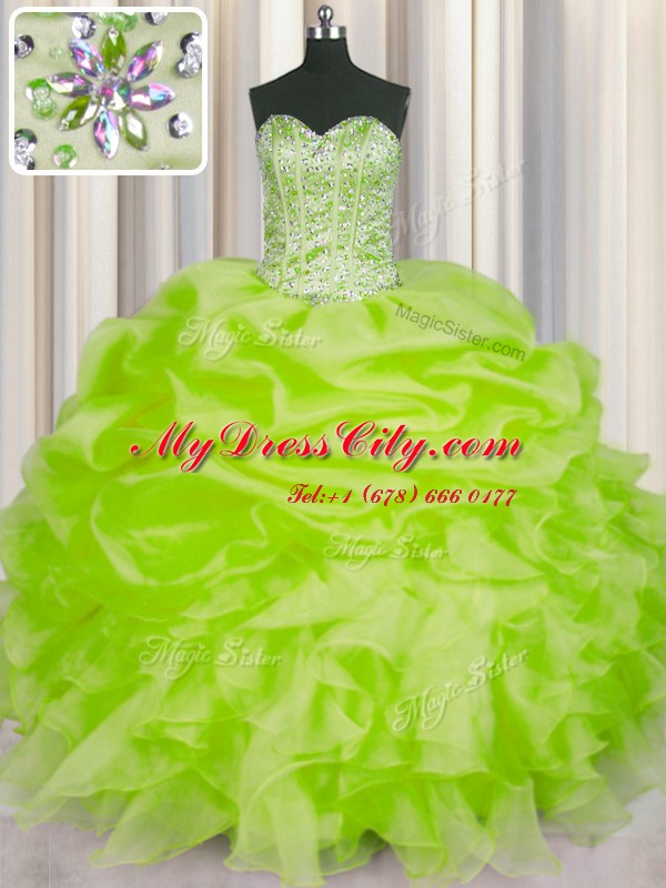 Modest Yellow Green 15th Birthday Dress Military Ball and Sweet 16 and Quinceanera and For with Beading and Ruffles and Pick Ups Sweetheart Sleeveless Lace Up