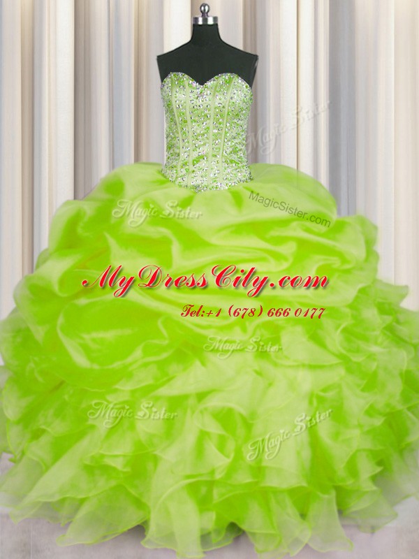 Modest Yellow Green 15th Birthday Dress Military Ball and Sweet 16 and Quinceanera and For with Beading and Ruffles and Pick Ups Sweetheart Sleeveless Lace Up