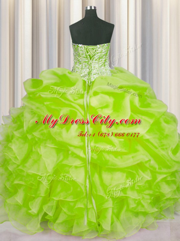 Modest Yellow Green 15th Birthday Dress Military Ball and Sweet 16 and Quinceanera and For with Beading and Ruffles and Pick Ups Sweetheart Sleeveless Lace Up