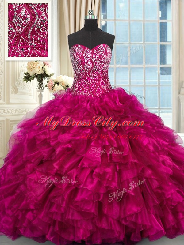 Fancy Fuchsia Quince Ball Gowns Sweetheart Sleeveless Brush Train Lace Up