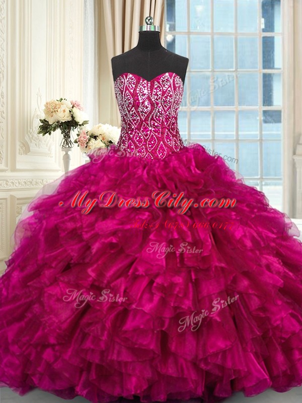 Fancy Fuchsia Quince Ball Gowns Sweetheart Sleeveless Brush Train Lace Up