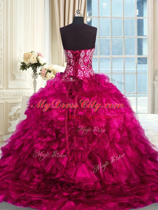 Fancy Fuchsia Quince Ball Gowns Sweetheart Sleeveless Brush Train Lace Up