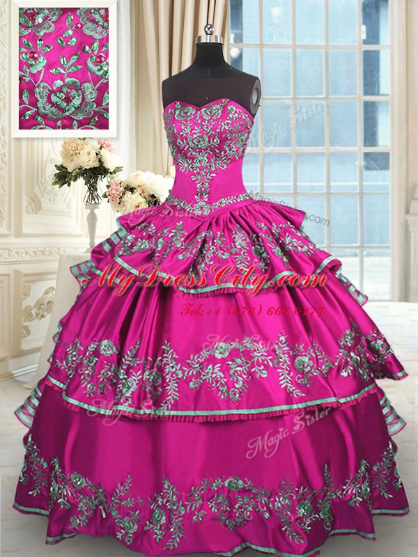 Fuchsia Sweetheart Lace Up Embroidery and Ruffled Layers Sweet 16 Dress Sleeveless