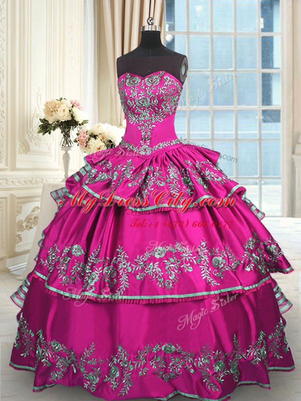 Fuchsia Sweetheart Lace Up Embroidery and Ruffled Layers Sweet 16 Dress Sleeveless