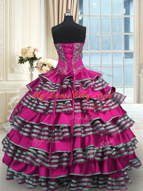 Fuchsia Sweetheart Lace Up Embroidery and Ruffled Layers Sweet 16 Dress Sleeveless