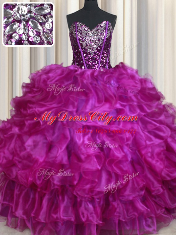 Trendy Sleeveless Lace Up Floor Length Beading and Ruffles Quinceanera Gown