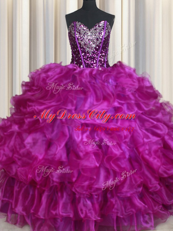 Trendy Sleeveless Lace Up Floor Length Beading and Ruffles Quinceanera Gown