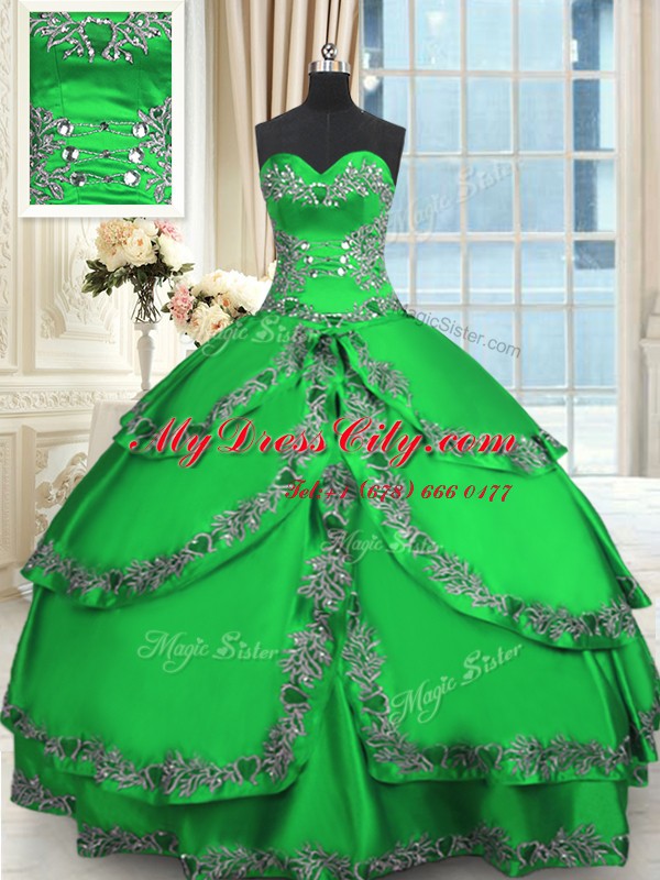 Excellent Green Lace Up Quince Ball Gowns Beading and Embroidery and Ruffled Layers Sleeveless Floor Length