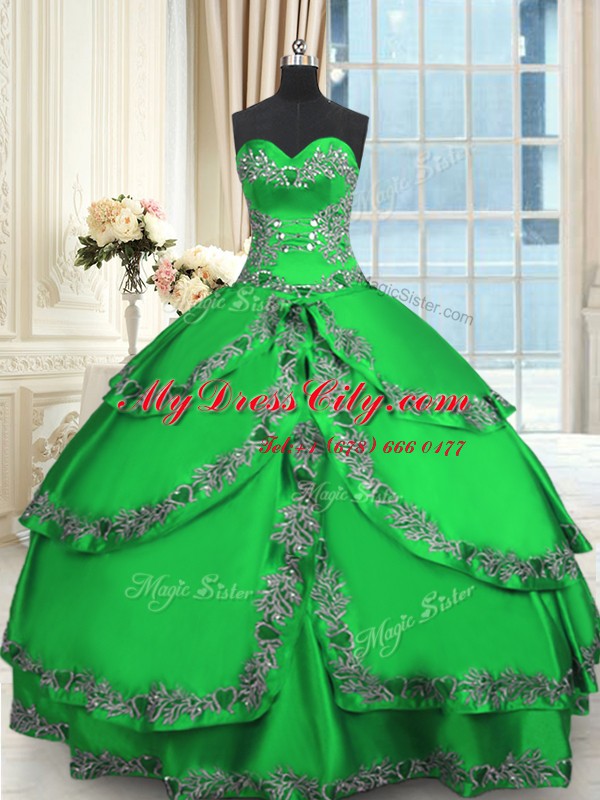 Excellent Green Lace Up Quince Ball Gowns Beading and Embroidery and Ruffled Layers Sleeveless Floor Length