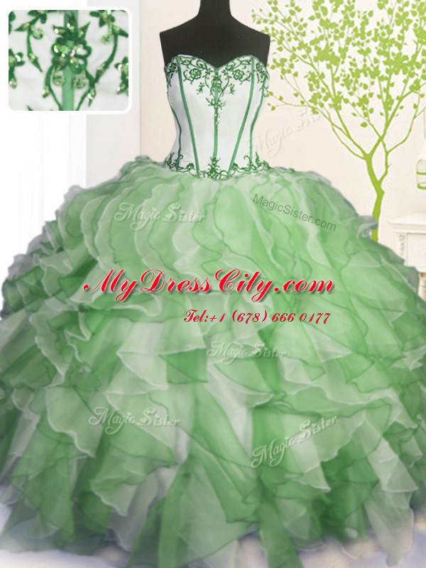 Graceful Sleeveless Organza Floor Length Lace Up Quinceanera Dress in Green with Beading and Ruffles