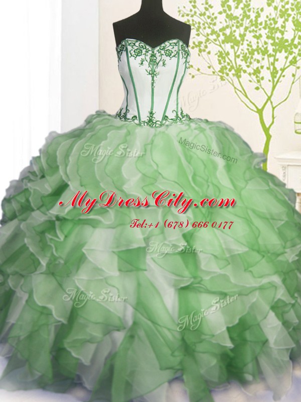 Graceful Sleeveless Organza Floor Length Lace Up Quinceanera Dress in Green with Beading and Ruffles