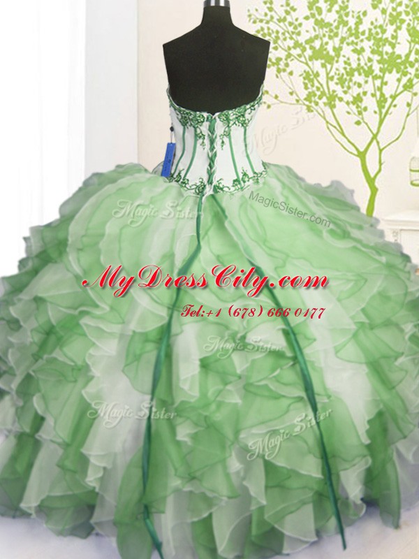 Graceful Sleeveless Organza Floor Length Lace Up Quinceanera Dress in Green with Beading and Ruffles