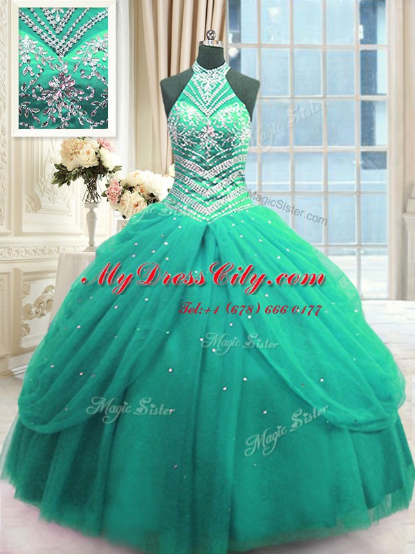 Turquoise Sweet 16 Dress Military Ball and Sweet 16 and Quinceanera and For with Beading High-neck Sleeveless Lace Up