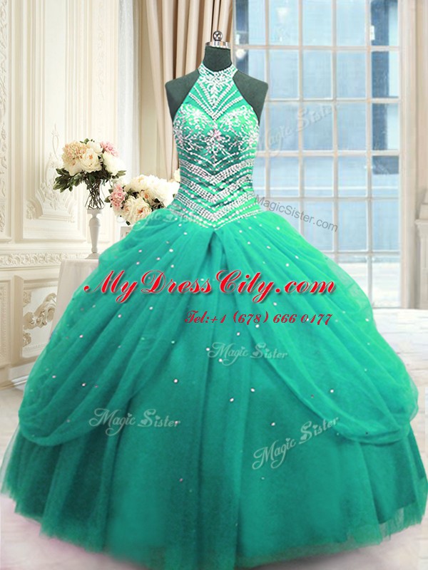 Turquoise Sweet 16 Dress Military Ball and Sweet 16 and Quinceanera and For with Beading High-neck Sleeveless Lace Up