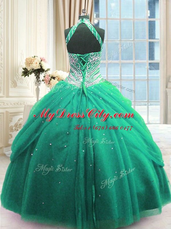 Turquoise Sweet 16 Dress Military Ball and Sweet 16 and Quinceanera and For with Beading High-neck Sleeveless Lace Up