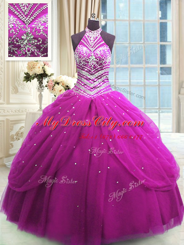 Sleeveless Floor Length Beading Lace Up Quinceanera Dresses with Fuchsia