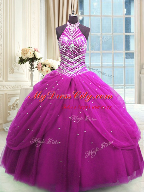 Sleeveless Floor Length Beading Lace Up Quinceanera Dresses with Fuchsia