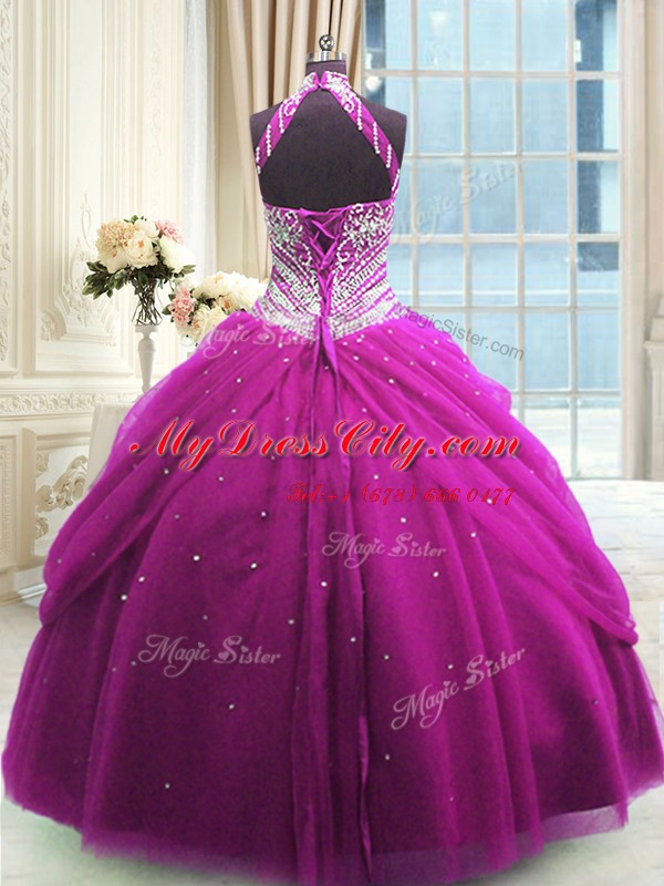 Sleeveless Floor Length Beading Lace Up Quinceanera Dresses with Fuchsia