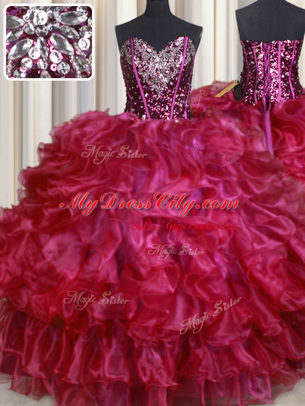 Elegant Hot Pink Lace Up Sweetheart Beading and Ruffles Sweet 16 Dresses Organza Sleeveless