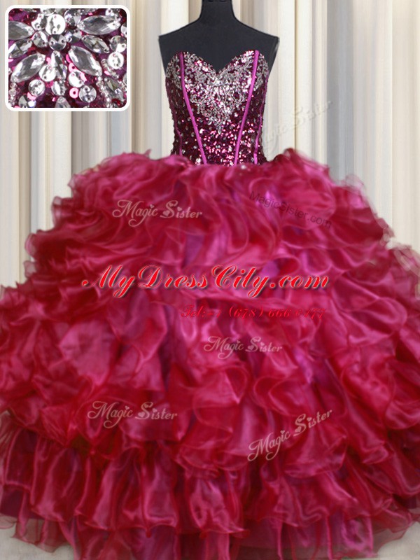 Elegant Hot Pink Lace Up Sweetheart Beading and Ruffles Sweet 16 Dresses Organza Sleeveless