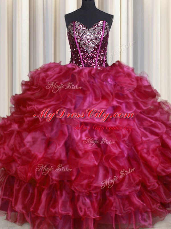 Elegant Hot Pink Lace Up Sweetheart Beading and Ruffles Sweet 16 Dresses Organza Sleeveless