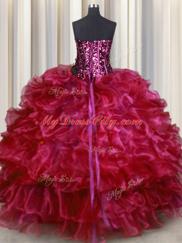 Elegant Hot Pink Lace Up Sweetheart Beading and Ruffles Sweet 16 Dresses Organza Sleeveless