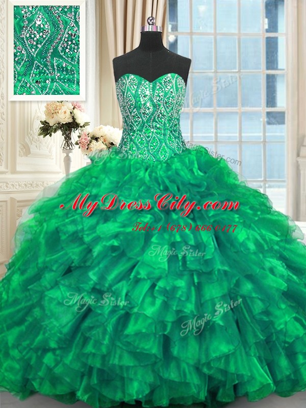 Lace Up Sweet 16 Dresses Turquoise for Military Ball and Sweet 16 and Quinceanera with Beading and Ruffles Brush Train