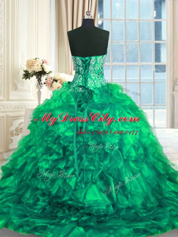 Lace Up Sweet 16 Dresses Turquoise for Military Ball and Sweet 16 and Quinceanera with Beading and Ruffles Brush Train