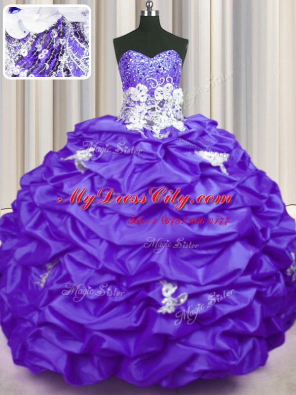 Sleeveless Taffeta With Brush Train Lace Up Quinceanera Dresses in Purple with Appliques and Sequins and Pick Ups