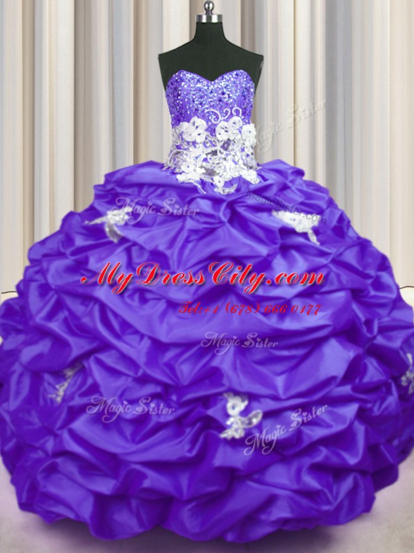 Sleeveless Taffeta With Brush Train Lace Up Quinceanera Dresses in Purple with Appliques and Sequins and Pick Ups