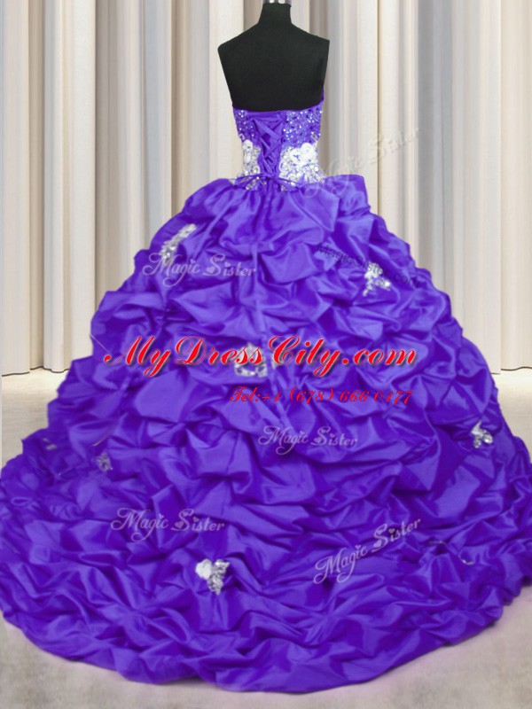 Sleeveless Taffeta With Brush Train Lace Up Quinceanera Dresses in Purple with Appliques and Sequins and Pick Ups