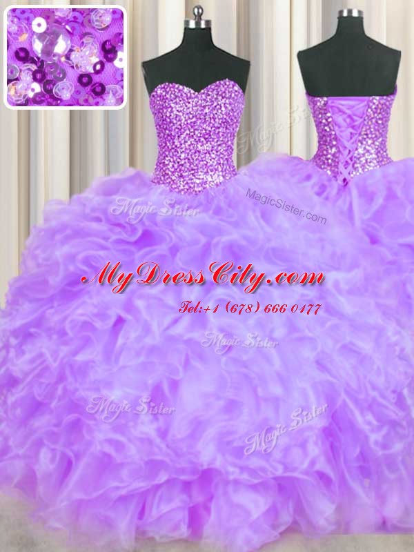 Luxurious Lavender Lace Up Sweetheart Beading and Ruffles Quinceanera Dresses Organza Sleeveless