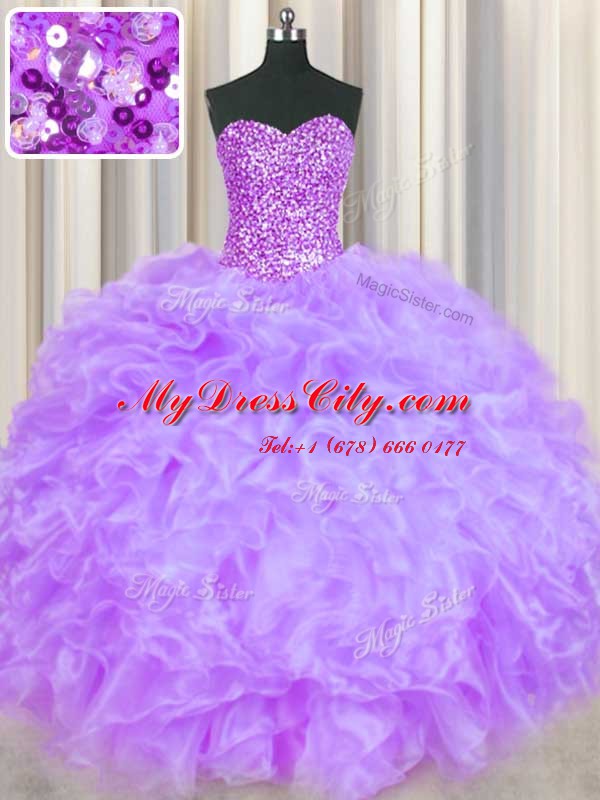 Luxurious Lavender Lace Up Sweetheart Beading and Ruffles Quinceanera Dresses Organza Sleeveless