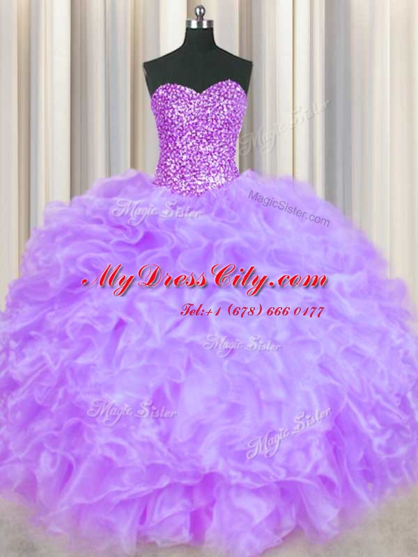 Luxurious Lavender Lace Up Sweetheart Beading and Ruffles Quinceanera Dresses Organza Sleeveless