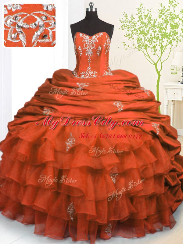 Luxurious Orange Red Lace Up Quinceanera Dress Beading and Appliques and Ruffled Layers and Pick Ups Sleeveless With Brush Train