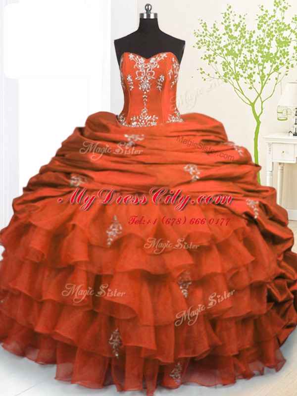 Luxurious Orange Red Lace Up Quinceanera Dress Beading and Appliques and Ruffled Layers and Pick Ups Sleeveless With Brush Train