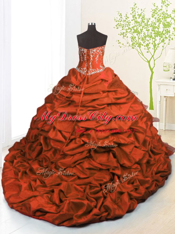 Luxurious Orange Red Lace Up Quinceanera Dress Beading and Appliques and Ruffled Layers and Pick Ups Sleeveless With Brush Train