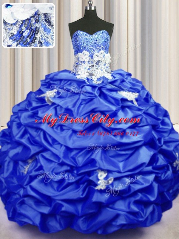 Fine Royal Blue Sweetheart Neckline Appliques and Sequins and Pick Ups Sweet 16 Dress Sleeveless Lace Up