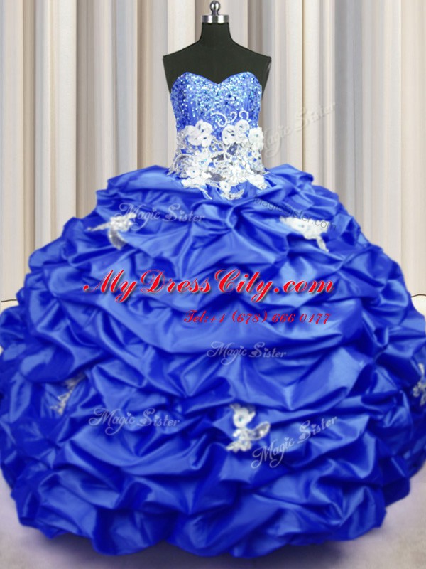 Fine Royal Blue Sweetheart Neckline Appliques and Sequins and Pick Ups Sweet 16 Dress Sleeveless Lace Up