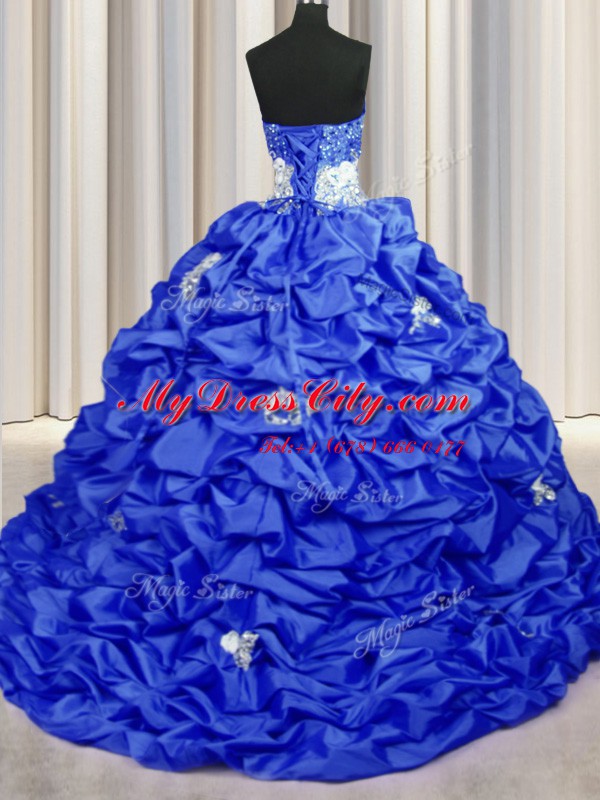 Fine Royal Blue Sweetheart Neckline Appliques and Sequins and Pick Ups Sweet 16 Dress Sleeveless Lace Up