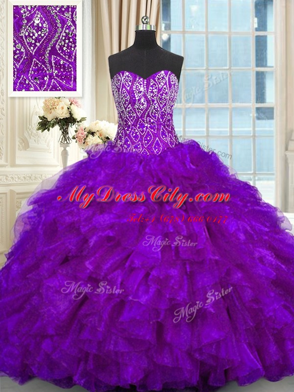 Customized Purple Organza Lace Up Sweetheart Sleeveless Vestidos de Quinceanera Brush Train Beading and Ruffles