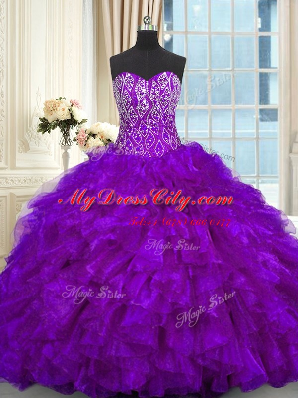 Customized Purple Organza Lace Up Sweetheart Sleeveless Vestidos de Quinceanera Brush Train Beading and Ruffles